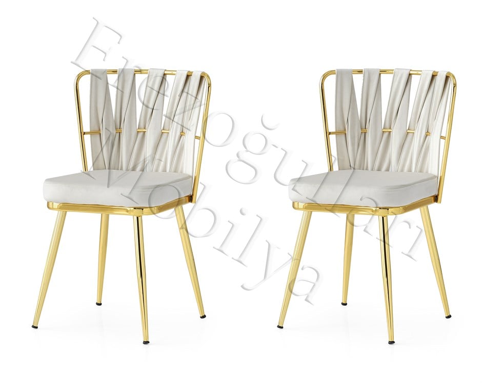 Cafe Bahçe Mutfak Sandalyesi Örgülü Gold Ayak 2 Li Set