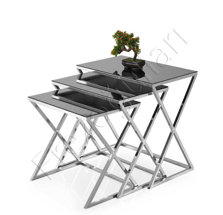Çapraz Metal Ayak Kare Z 3lü Zigon Sehpa Camlı