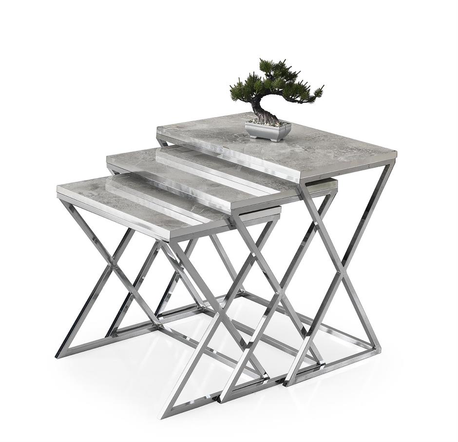 Çapraz Metal Ayak Kare Z 3lü Zigon Sehpa Camlı