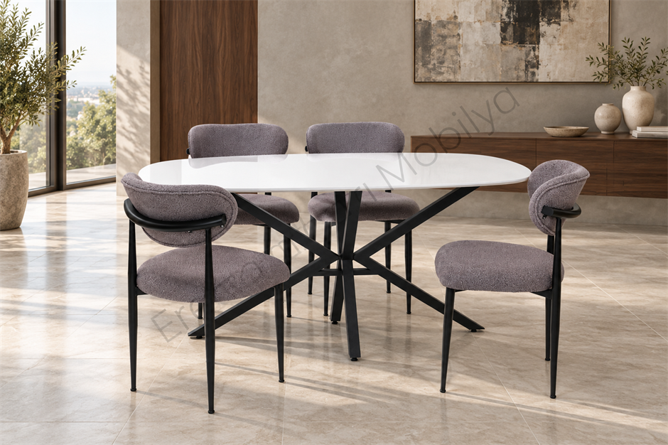 Çapraz Polo Demir High Gloss Yemek Masa Sandalye Takımı 90x160