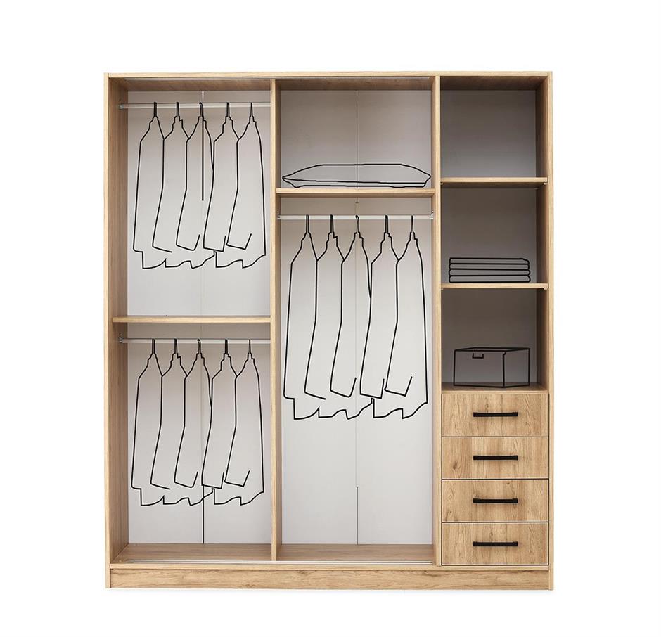 Damla Meşe Modern Sürgülü Aynalı Elbise Dolabı Gardrop 180x60x210cm 