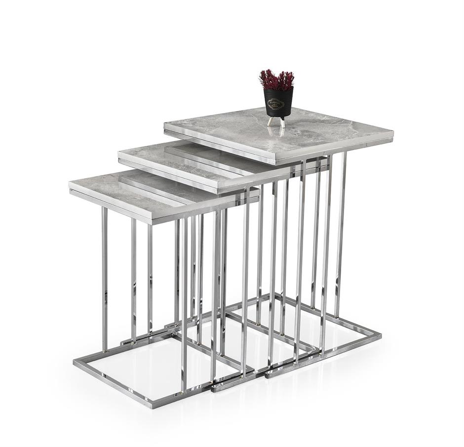 Elit C Zigon Sehpa 3lü Metal Ayak Camlı