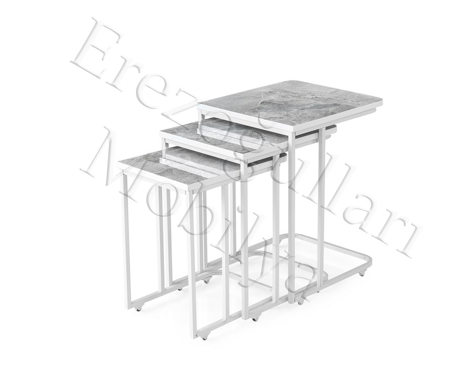 High Gloss Parlak Mermer Desen 3lü C Zigon Sehpa