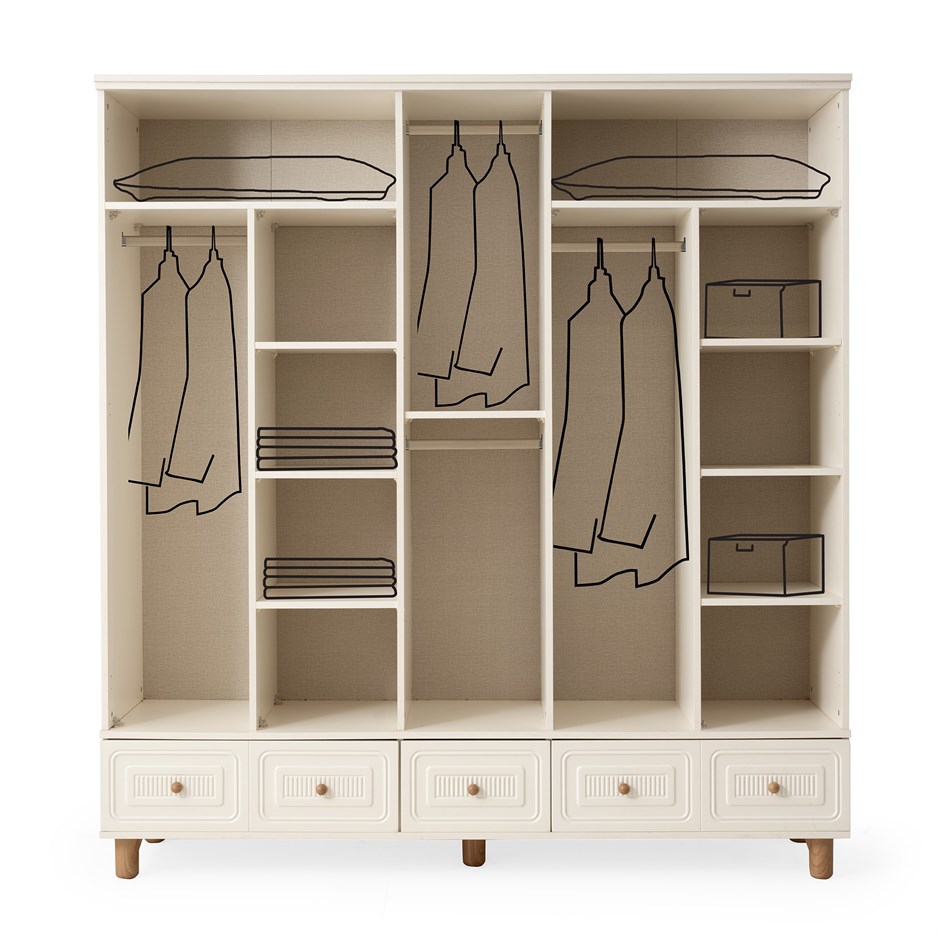 Lagos 5 Kapaklı %100 MDF Elbise Dolabı Gardrop 192x54x212