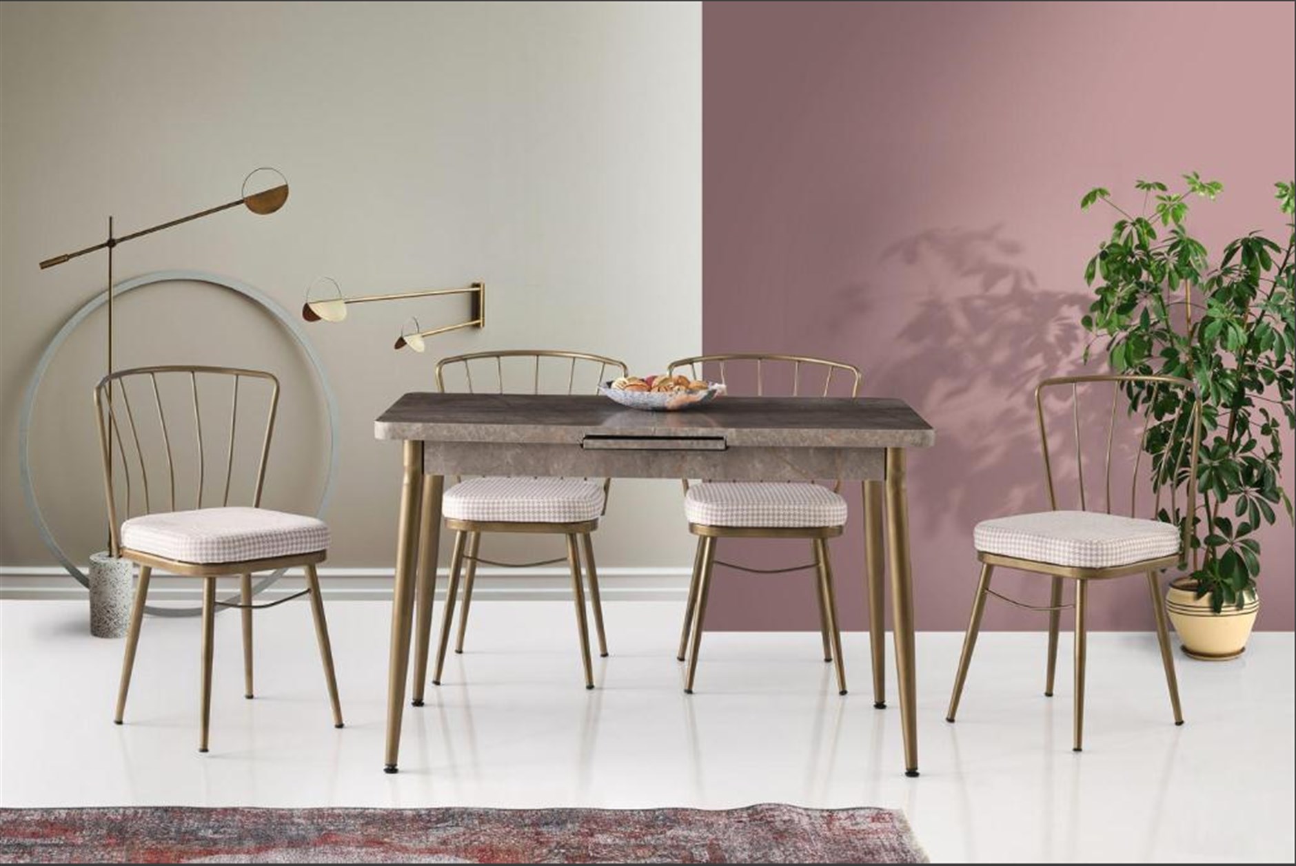  Modern Bronz Mermer Desen Açılır Mutfak Masası 70x120 Ve 4 Sandalye 