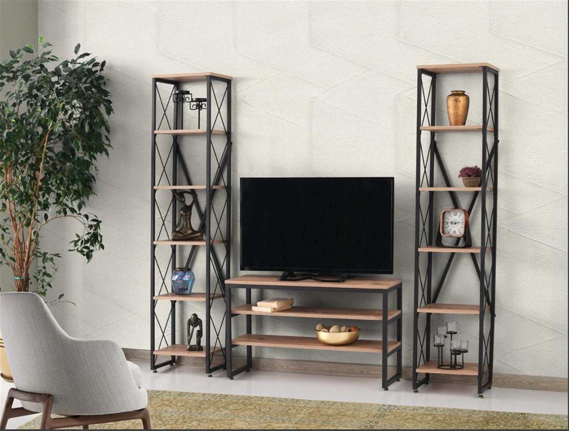  Stil Modern Tarz Tv Sehpası+yan Kitaplık Raf Dekoratif Tv Ünitesi 
