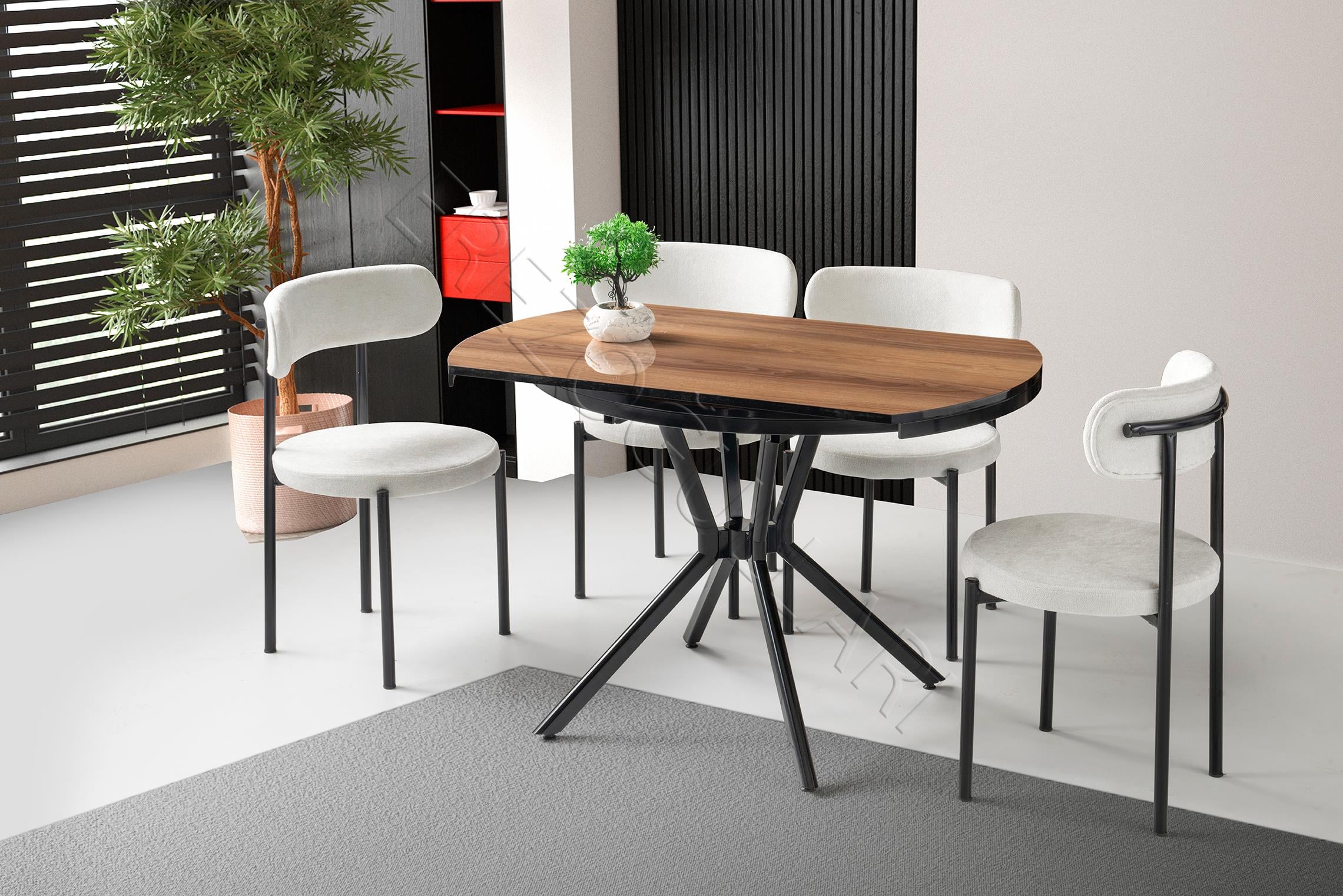 Bade Alfa MDF Oval HighGloss Açılır Mutfak Masa Sandalye Takımı 73x120