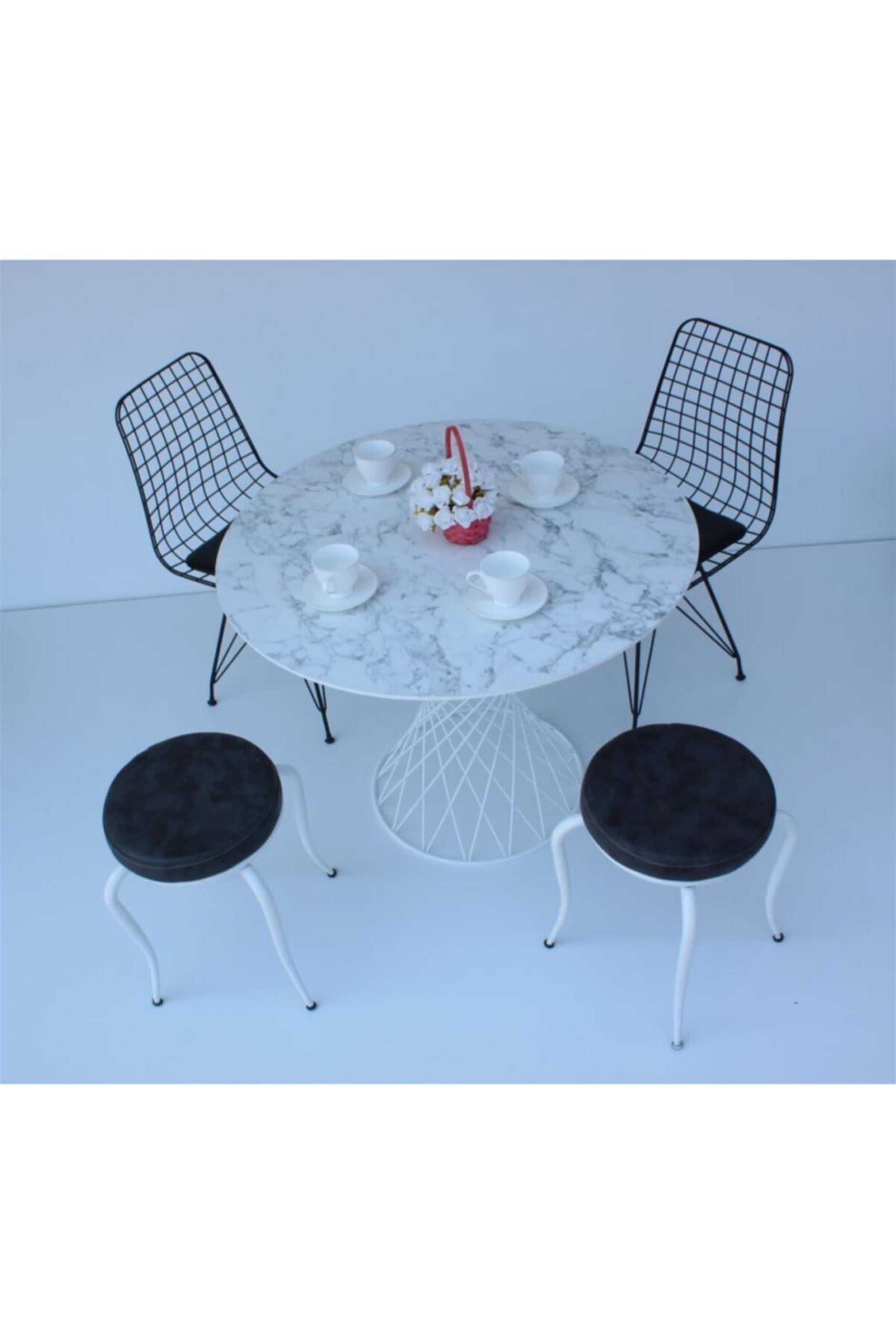 Beyaz Mermer Desen Yuvarlak Mutfak Masası 2sandalye+2tabure 90cm
