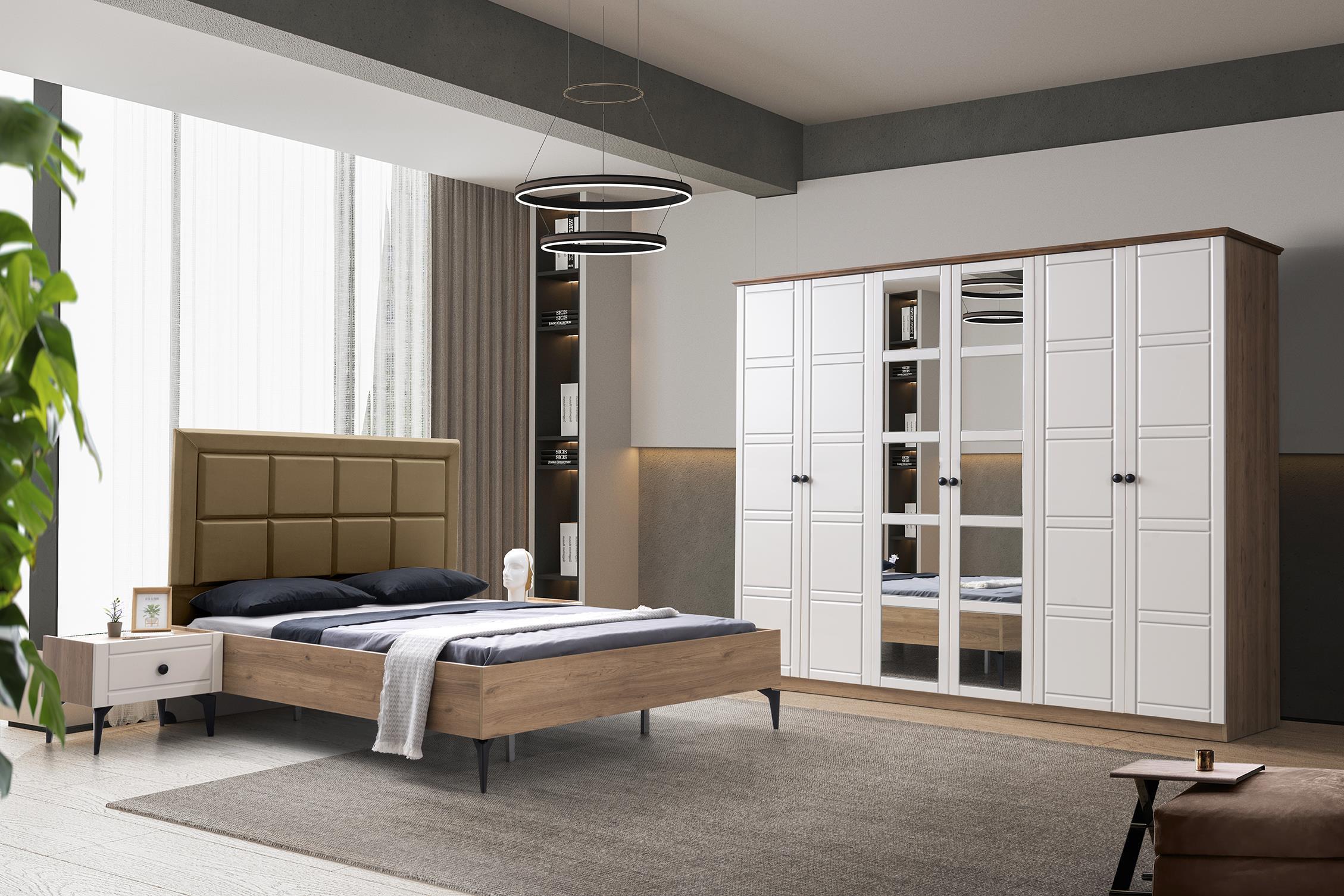 Cemre 6 Membran Kapaklı Modern MDF Yatak Odası Takımı Bazalı Meşe 