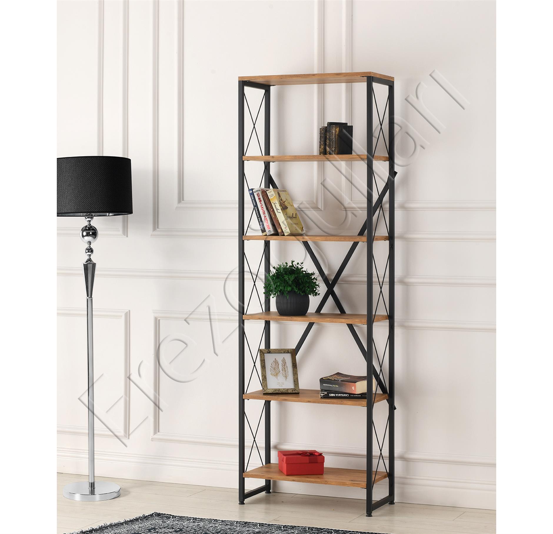 Ferforje Ahşap 5 Raflı Kitaplık 60x30x180