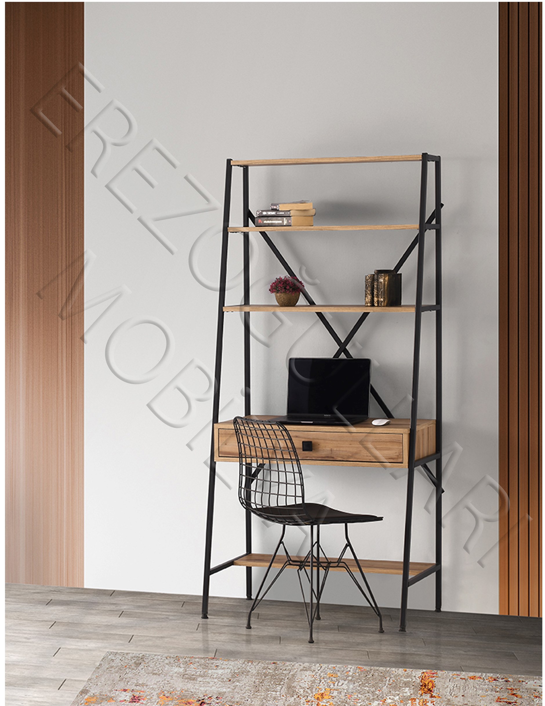 Ferforje Çekmeceli Kitaplıklı Çalışma Masası 84x50x180cm