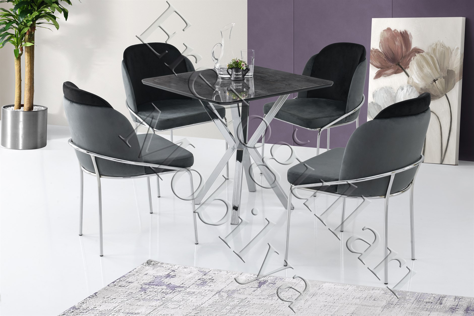 Kare Mdf Mutfak Masası Ve 4 Adet Lüks Sandalye 80x80cm Siyah Metal