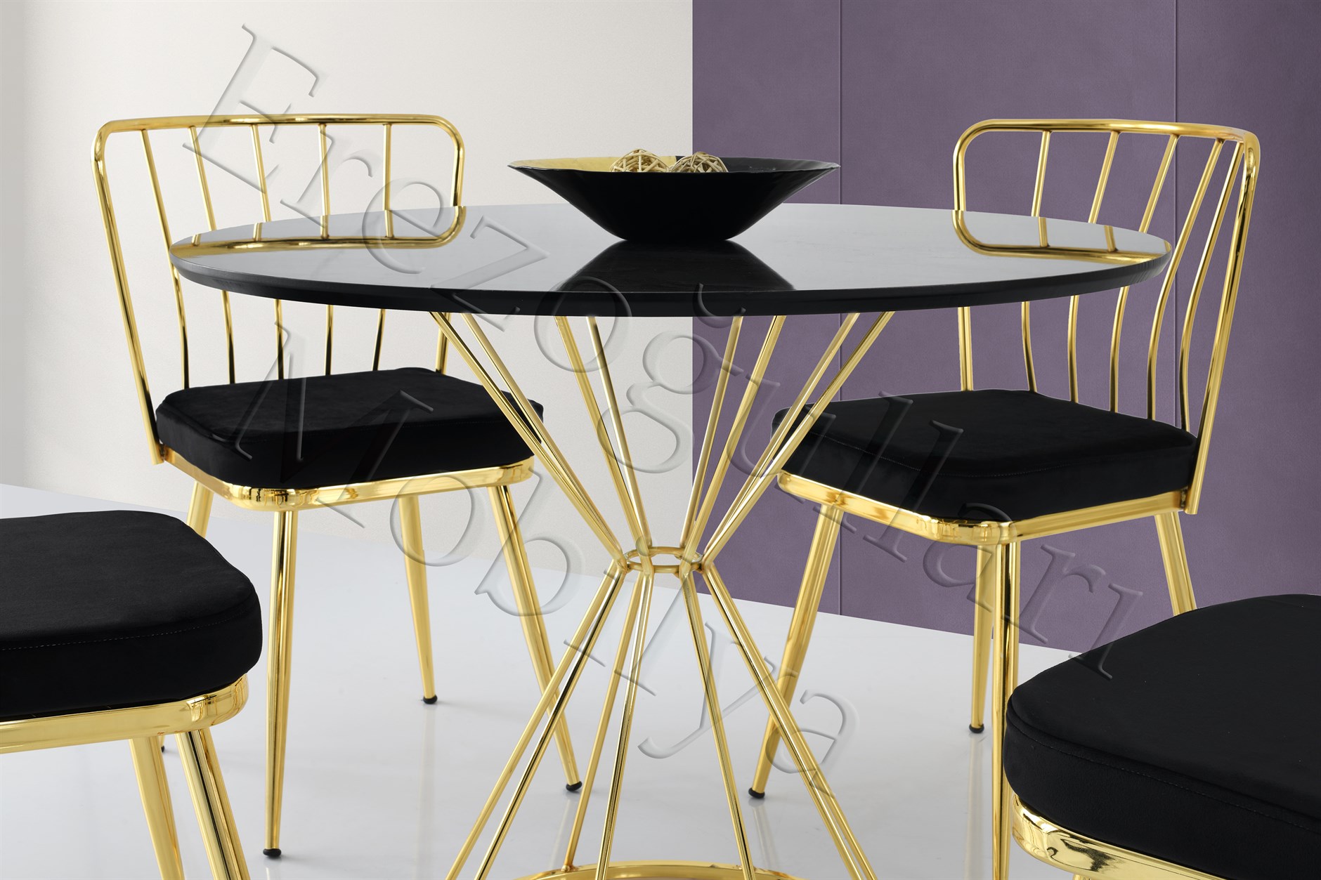 Kum Saati High Gloss Siyah Gold Mutfak Masa 4 Sandalye Seti 90cm