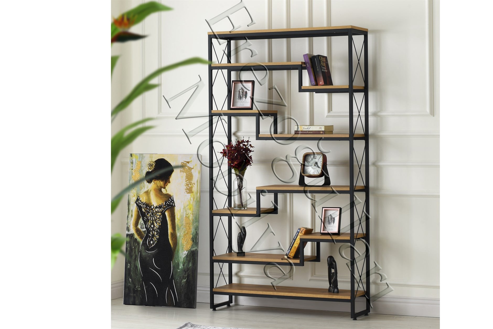 Modern Tarz Ahşap Metal 5 Raflı Labirent Kitaplık 70*30*180cm