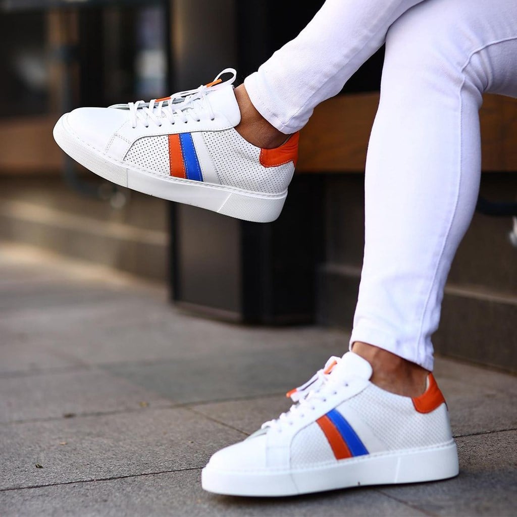 Sail Lakers - Beyaz, Turuncu, Mavi Deri Bağcıklı Erkek Sneaker
