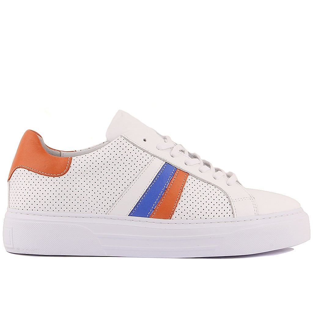 Sail Lakers - Beyaz, Turuncu, Mavi Deri Bağcıklı Erkek Sneaker