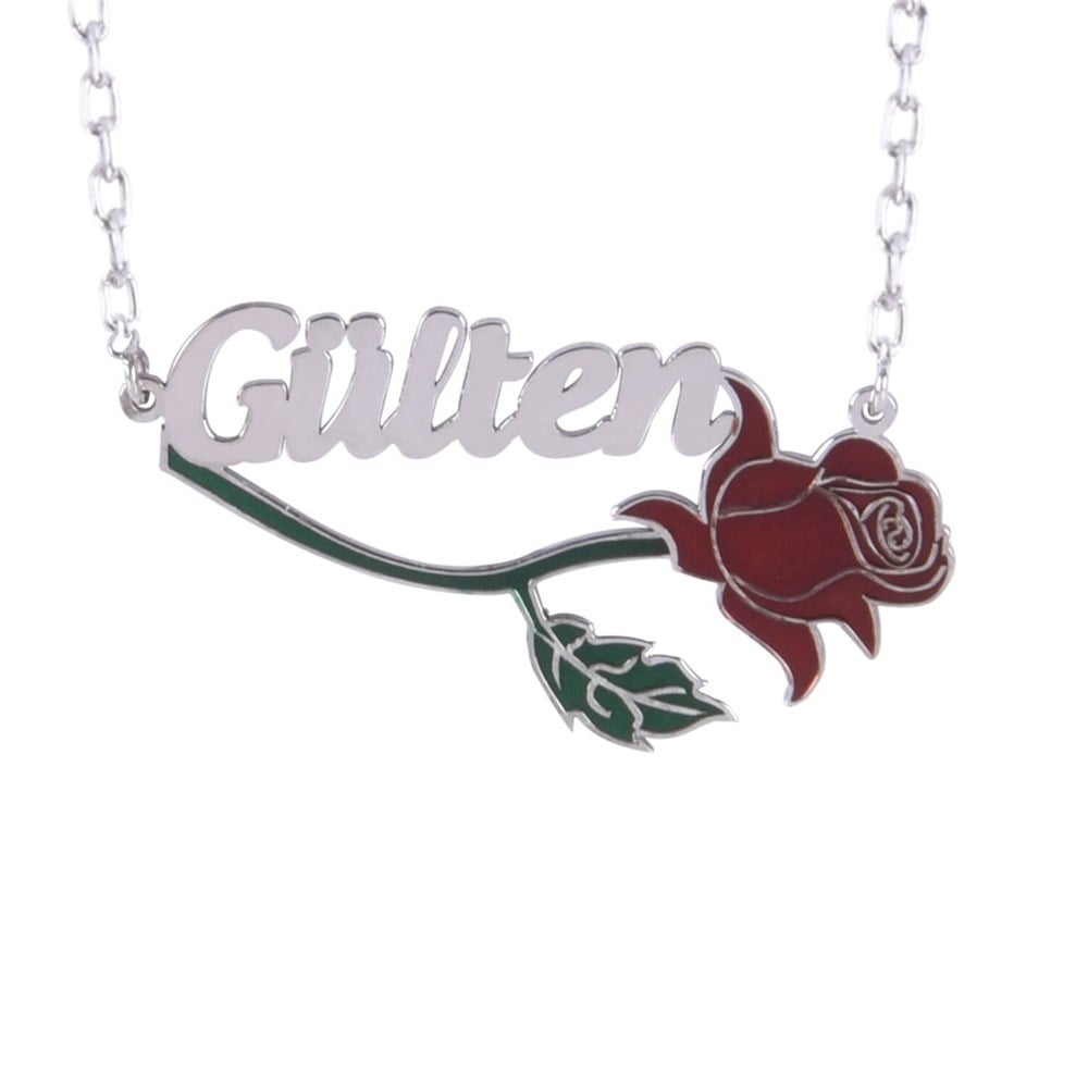 GÜMÜŞ RENKLİ MİNELİ İSİMLİ GÜL KOLYE