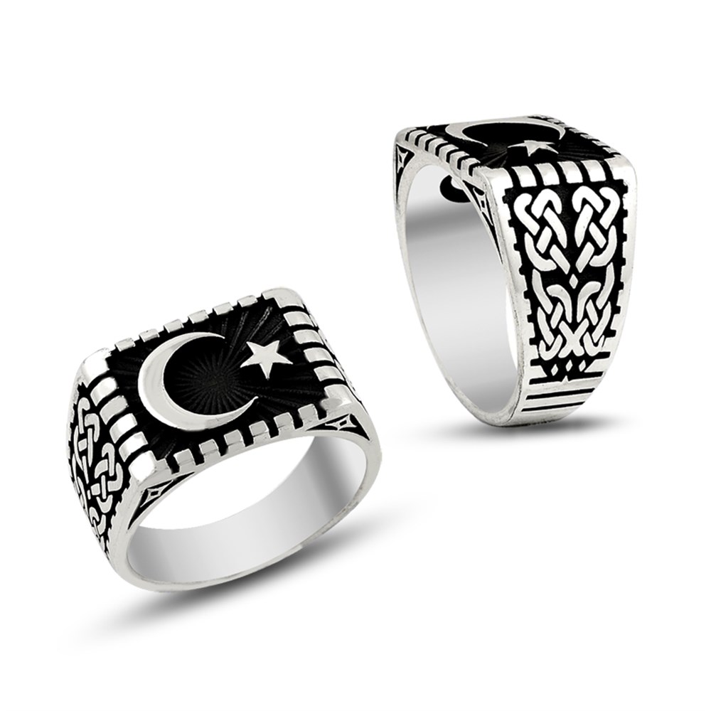 GÜMÜŞ TÜRK MOTİFLİ AY YILDIZ YÜZÜK