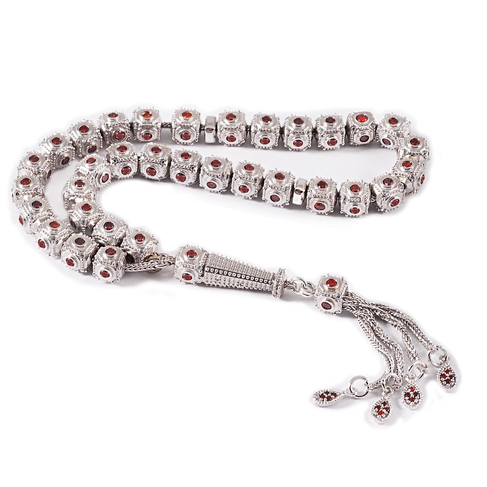 GÜMÜŞ ALTIN KAPLAMA GARNET TAŞLI EL İŞİ TESBİH