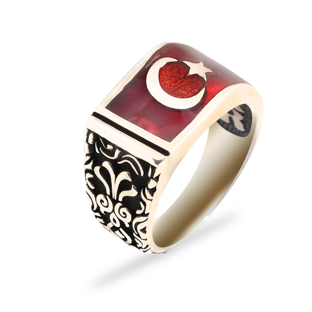 GÜMÜŞ AY YILDIZ MODEL MİNELİ DESENLİ YÜZÜK