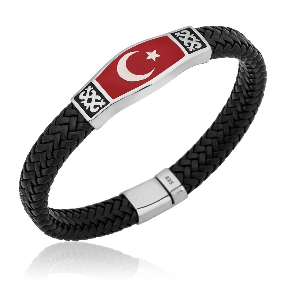 GÜMÜŞ DERİ KORDONLU AY YILDIZ BİLEKLİK
