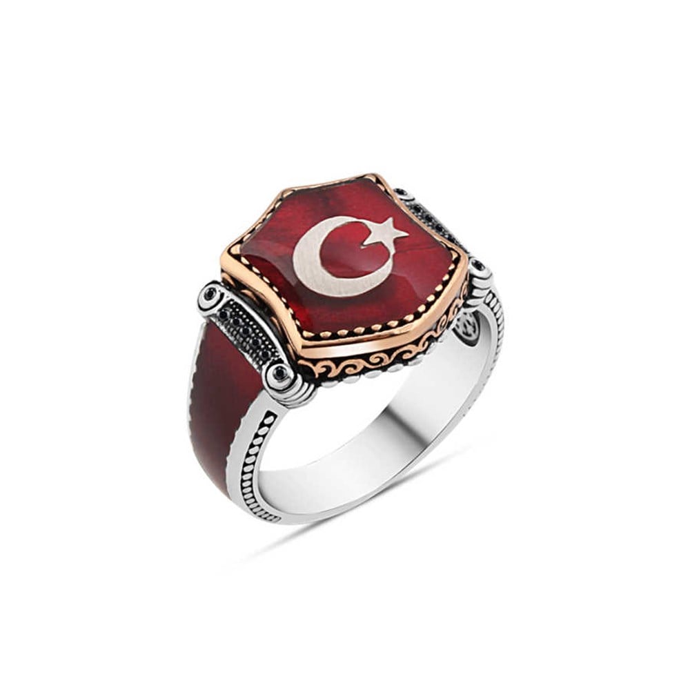 GÜMÜŞ KIRMIZI MİNELİ AY YILDIZ YÜZÜK