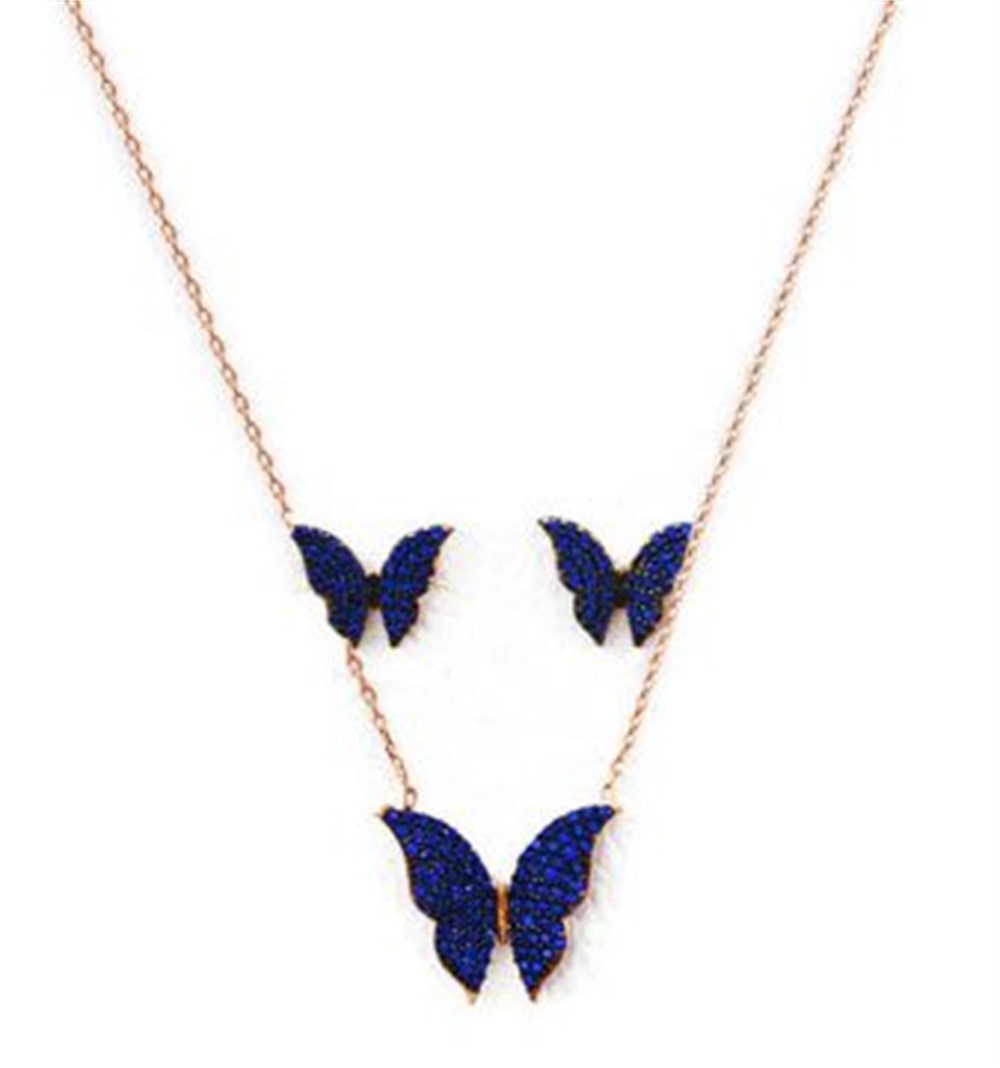 GÜMÜŞ MAVİ TAŞLI KELEBEK SET