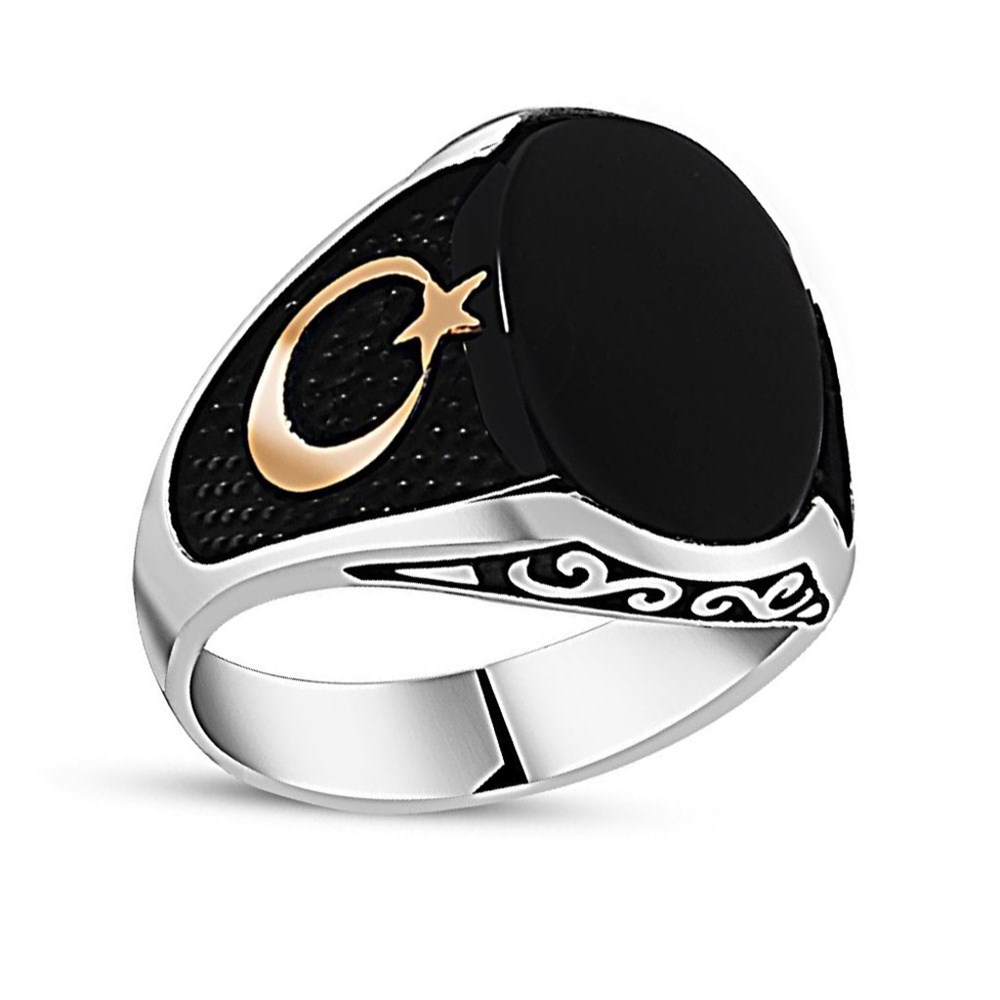 GÜMÜŞ ONİKS TAŞLI AY YILDIZLI YÜZÜK