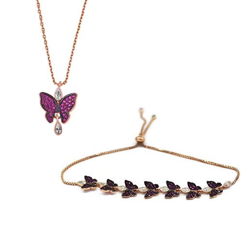 GÜMÜŞ RENKLİ TAŞ KELEBEK SET
