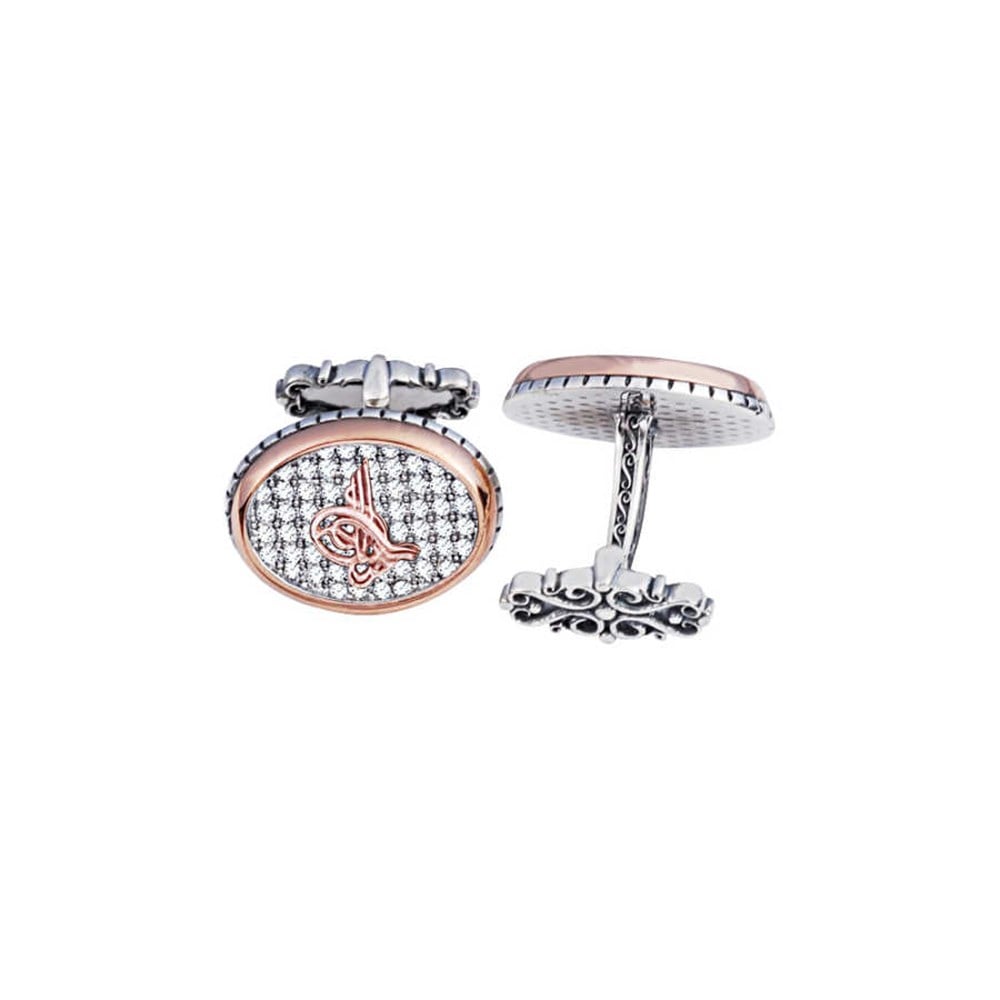 GÜMÜŞ TUĞRALI BEYAZ TAŞLI OVAL MODEL KOL DÜĞMESİ