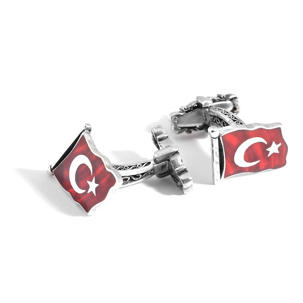 GÜMÜŞ TÜRK BAYRAKLI KOL DÜĞMESİ