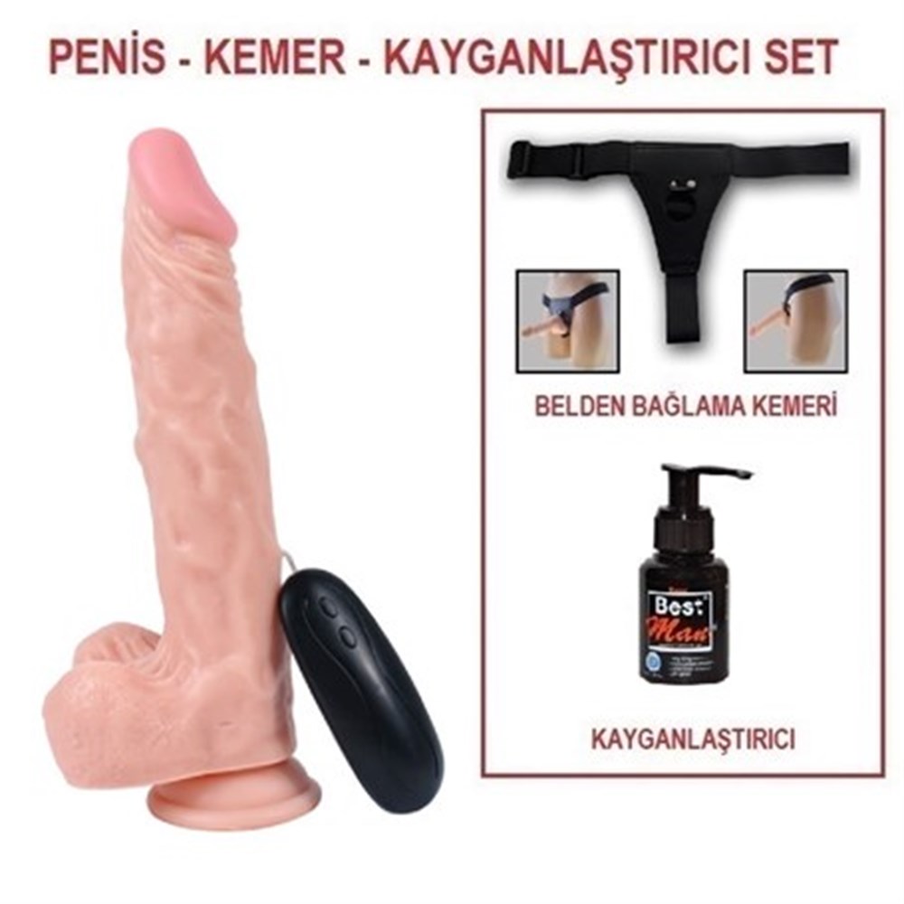Belden Bağlamalı 22.5cm Gerçekçi Titreşimli Dildo Vibratör Penis Seti