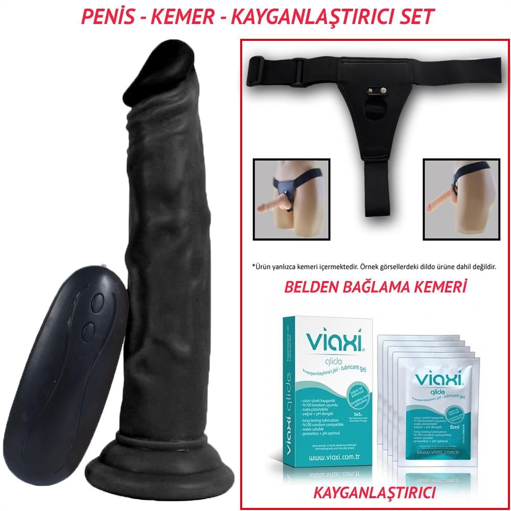 Belden Bağlamalı 18,5cm Realistik Testissiz Titreşimli Zenci Dildo Penis Seti