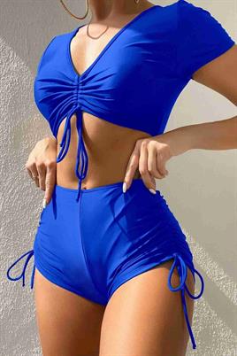 Angelsin Özel tasarım Yarım Kol Büzgü Detaylı Bikini Üstü Mavi
