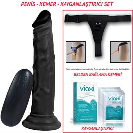 Belden Bağlamalı 18,5cm Realistik Testissiz Titreşimli Zenci Dildo Penis Seti