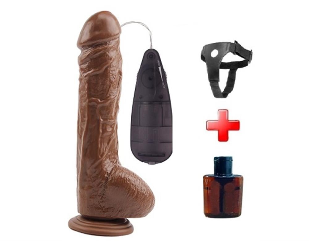 Belden Bağlamalı 25,5cm Gerçekçi Titreşimli Melez Dildo Penis Seti
