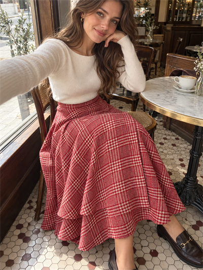 Retrobird Hazel Layered Carmen Red Asymmetrical Midi Skirt