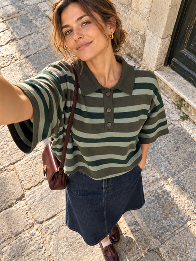 Retrobird Atelier Kısa Oversize Polo Yaka Yeşil Çizgili Triko Kazak