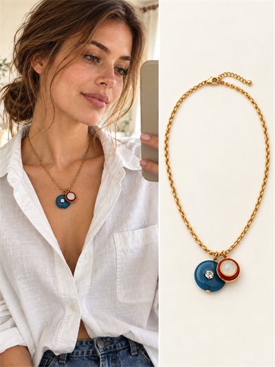 Retrobird Solana Round Colorful Charm Detailed Dark Blue Chain Necklace