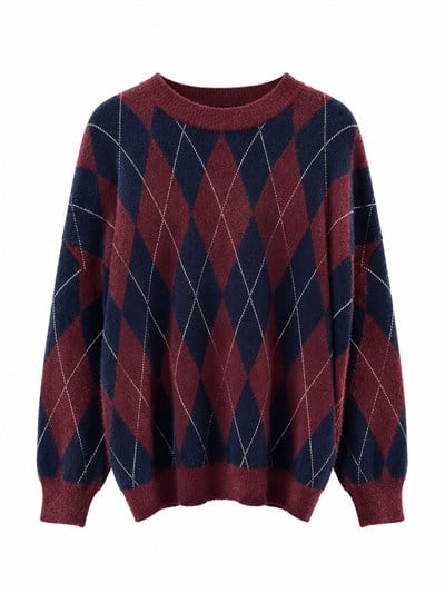 Retrobird Daphne Argyle Desenli Oversize Bordo - Lacivert Triko Kazak