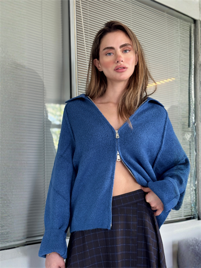 Retrobird Rosalie Oversize Polo Yaka Çift Fermuarlı Lacivert Triko Hırka
