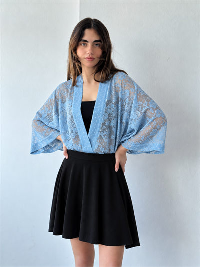 Retrobird Tasarım Transparan Dantel Marin Mavi Boho Mini Kimono