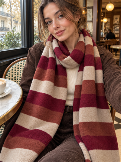 Retrobird Retro Çizgili Oversize Bordo Unisex Triko Atkı