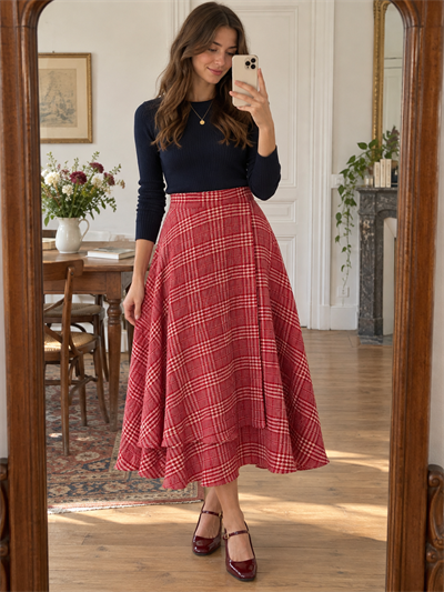 Retrobird Hazel Layered Carmen Red Asymmetrical Midi Skirt