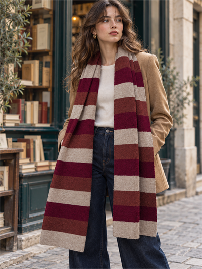 Retrobird Retro Çizgili Oversize Bordo Unisex Triko Atkı