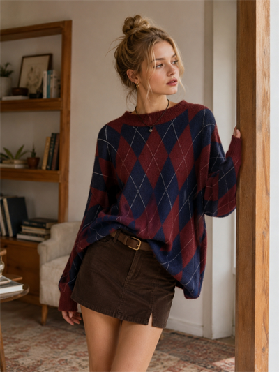 Retrobird Daphne Argyle Desenli Oversize Bordo - Lacivert Triko Kazak