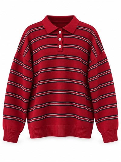 Retrobird Sadie Çizgili Oversize Polo Yaka Kırmızı Triko Kazak