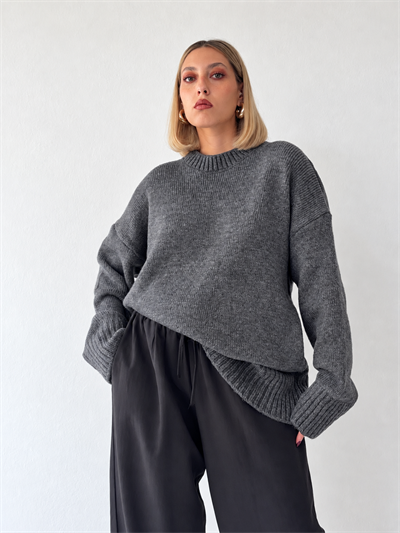 Retrobird Bess Oversize Bisiklet Yaka Koyu Gri Basic Triko Kazak