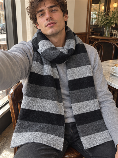 Retrobird Retro Çizgili Oversize Gri Unisex Triko Atkı