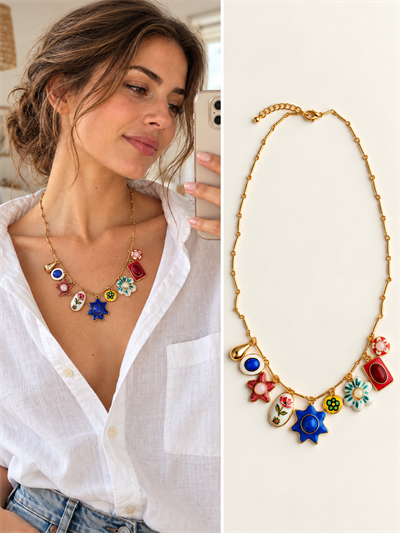 Retrobird Solana Colorful Figurative Charm Detail Navy Blue Necklace